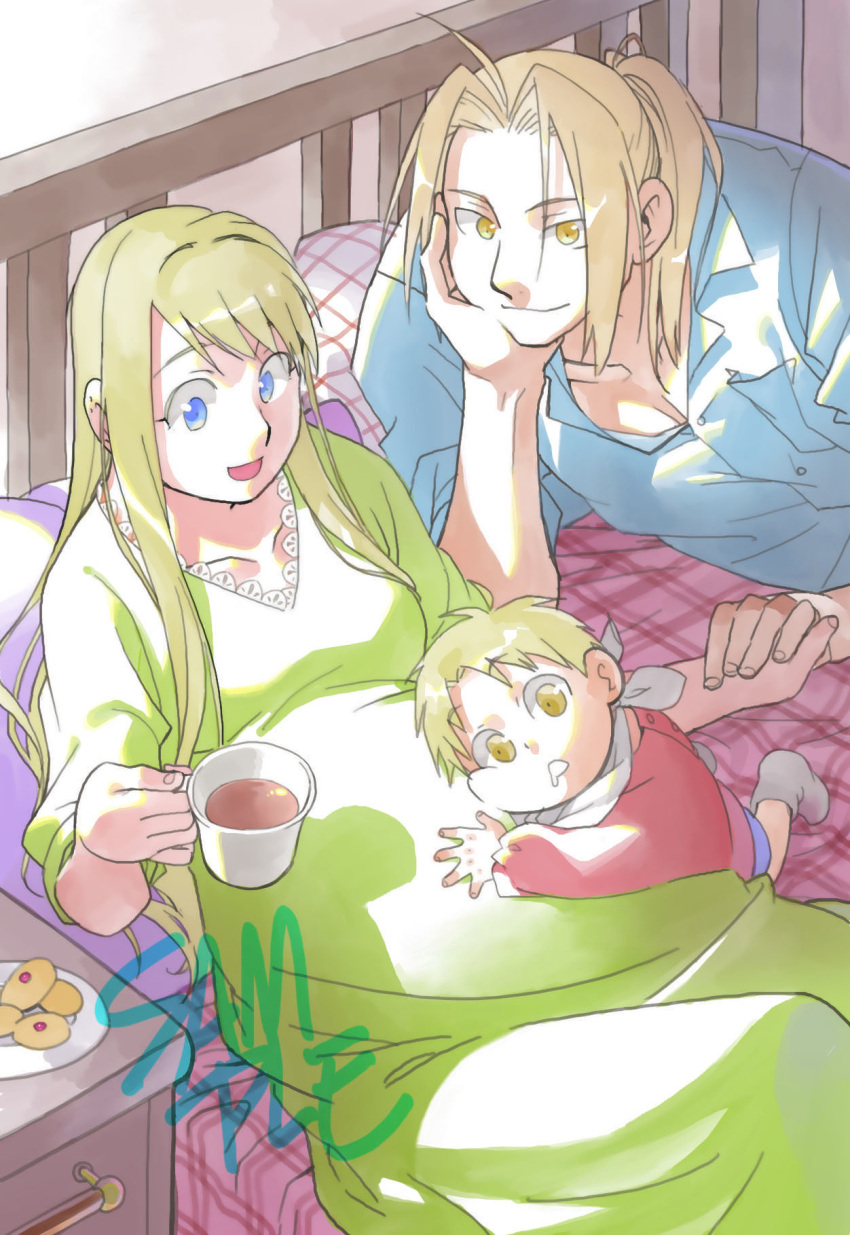 1girl, 2boys, baby, backlighting, bed, bed_sheet, blackfoxes, blonde_hair, blue_eyes, blue_shirt, cheek_press, chin_rest, couple, cup, day, dress, dress_shirt, drooling, edward_elric, eyebrows_visible_through_hair, father_and_son, fingernails, food, fullmetal_alchemist, green_dress, hand_holding, hand_on_own_chin, happy, hetero, highres, holding, holding_cup, indoors, long_dress, long_hair, looking_down, lying, mother_and_son, multiple_boys, nightstand, open_mouth, pillow, plate, ponytail, pregnant, sample, shirt, sleeves_rolled_up, smile, socks, sunlight, winry_rockbell, yellow_eyes