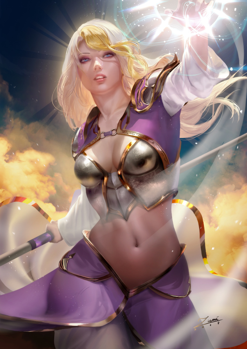 1girl, absurdres, armor, artist_name, banned_artist, blonde_hair, blue_eyes, breasts