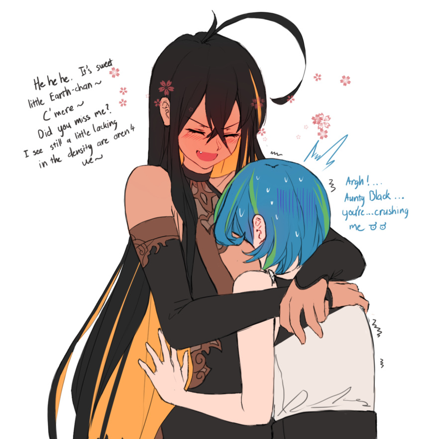 2girls, ahoge, black_hair, black_hole-sensei, blue_hair, blush, breast_smother, breasts