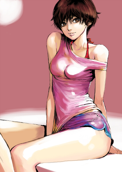 brown_eyes, brown_hair, face, legs, original, shirt_slip, short_hair, sitting