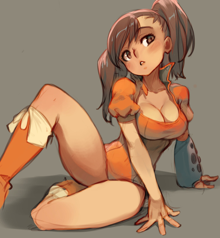 1girl, bangs, bare_legs, blush, boots, breasts, brown_eyes, brown_hair, cleavage, clip_studio_paint, commentary, diane_(nanatsu_no_taizai), english_commentary, grey_background, large_breasts, leotard, long_hair, nanatsu_no_taizai, orange_footwear, orange_leotard, parted_lips, puffy_short_sleeves, puffy_sleeves, shadow, short_sleeves, sitting, solo, twintails, xavier_houssin
