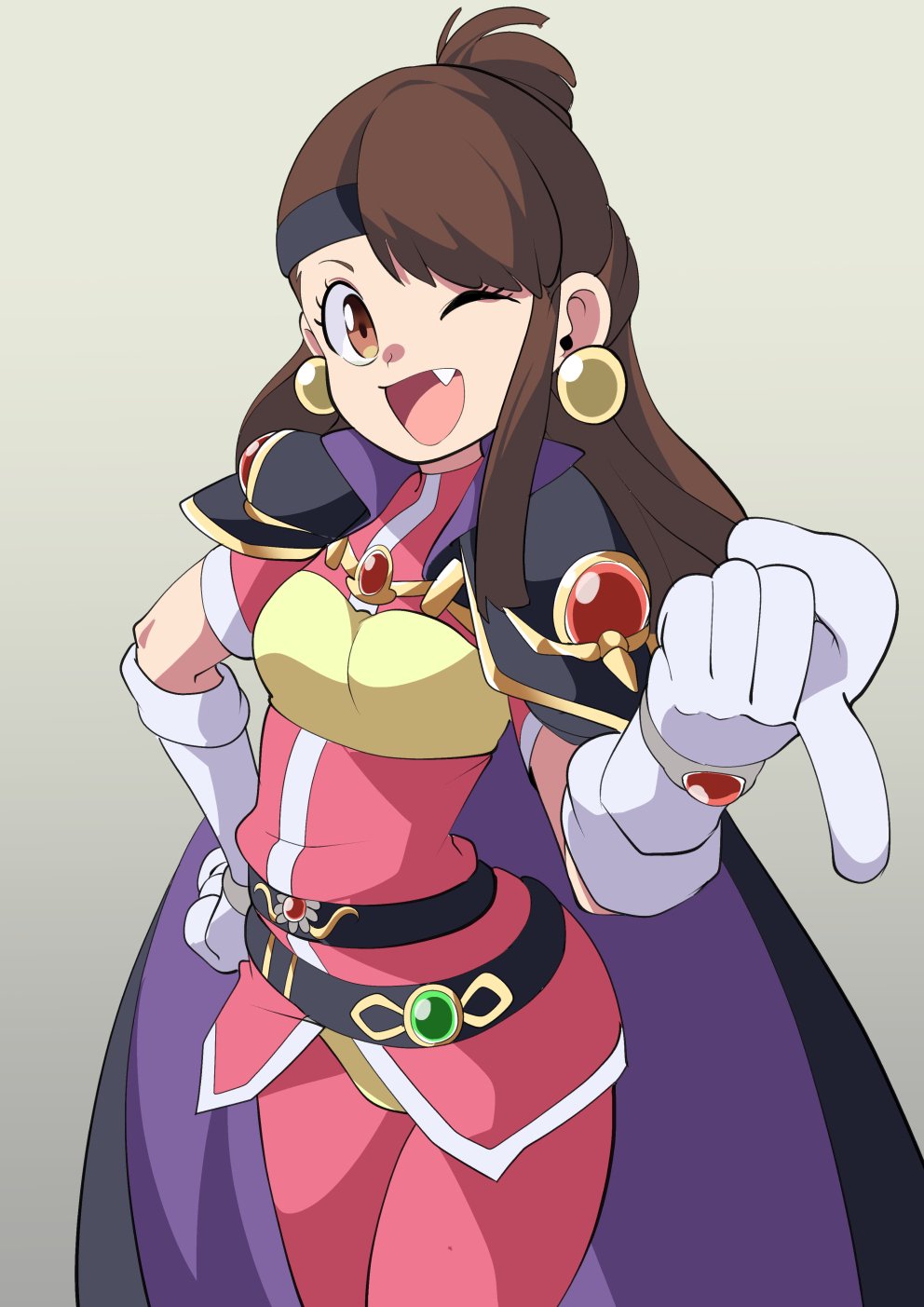 1girl, bangs, belt, breasts, brown_hair, cape, cosplay, cowboy_shot