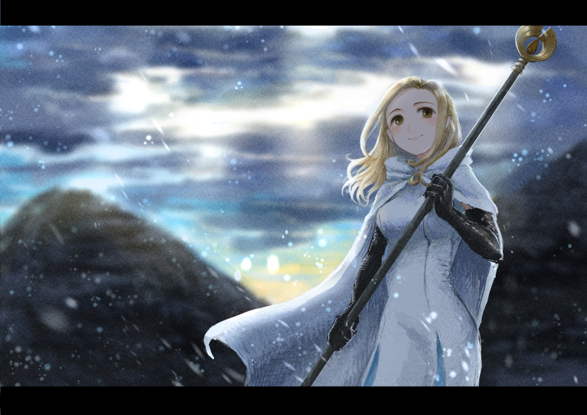 1girl, black_gloves, blonde_hair, blurry, blurry_background, brown_eyes, cape, clouds