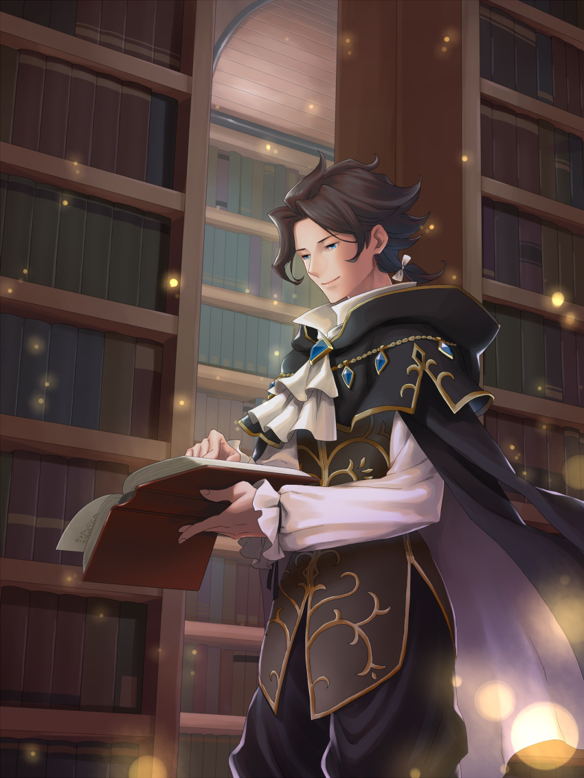 1boy, black_cape, black_hair, blue_eyes, book, bookshelf, bow, brooch