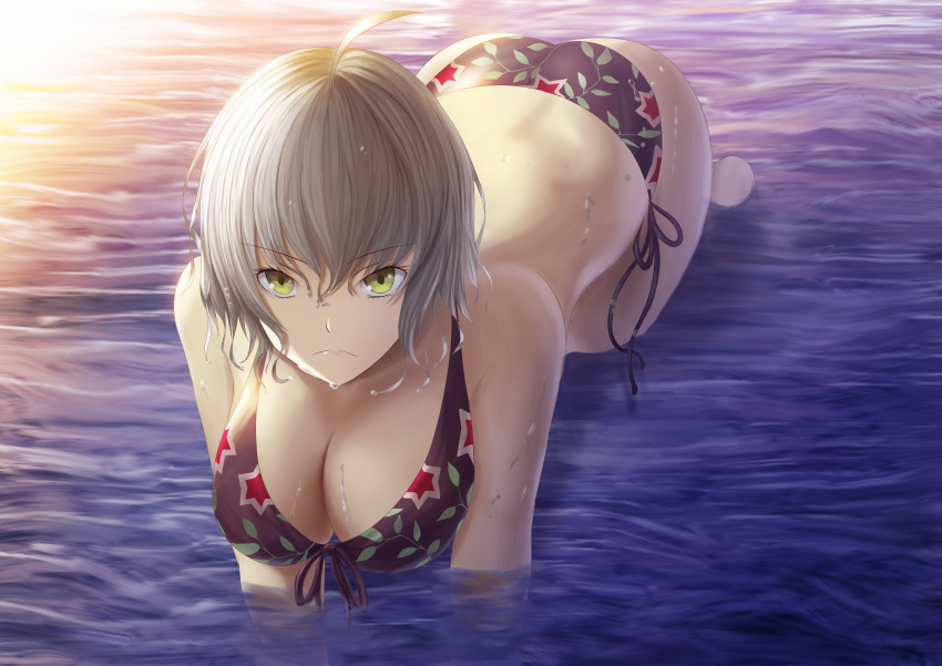 >:(, 1girl, absurdres, ahoge, all_fours, ass, bikini, breasts