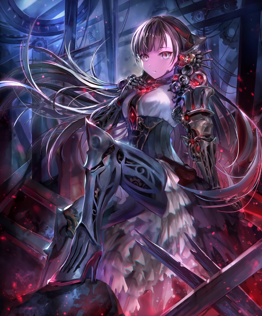 1girl, android, artist_request, black_hair, closed_mouth, cygames, dress, frilled_dress