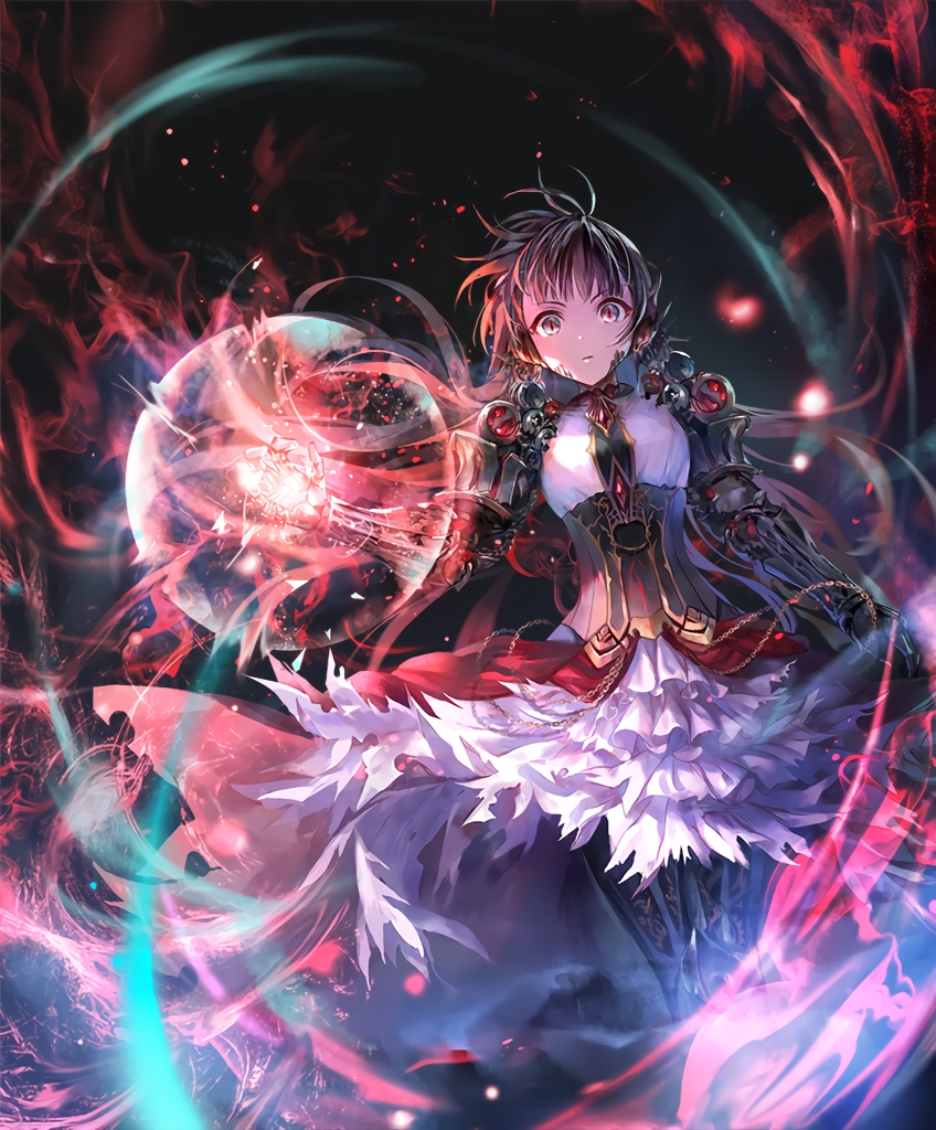 android, artist_request, black_hair, chains, cygames, dress, expressionless, eyebrows_visible_through_hair, frilled_dress, frills, gears, gem, glowing, glowing_hand, grey_eyes, long_hair, looking_at_viewer, mono_garnet_rebel, multicolored, multicolored_eyes, official_art, red_eyes, shadowverse, slit_pupils, torn_clothes, wind, wind_lift