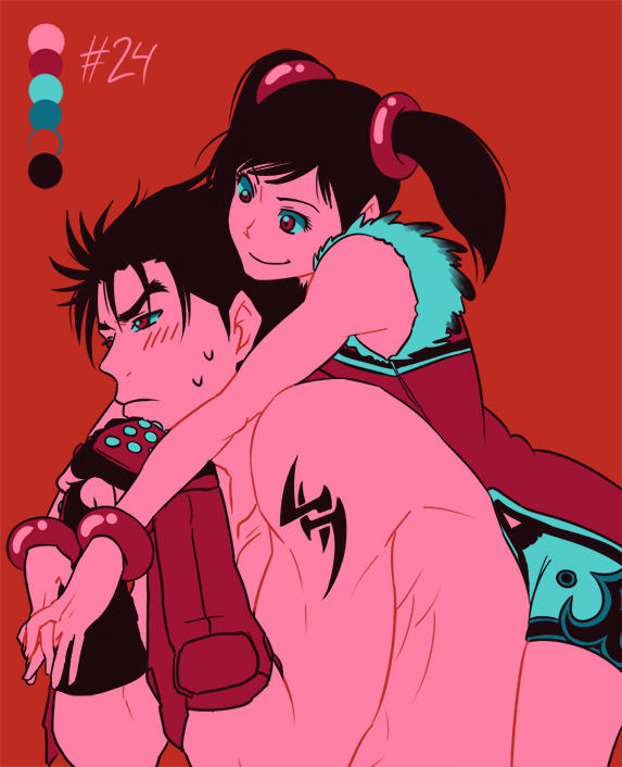 1boy, 1girl, black_hair, blush, bracelet, carrying, china_dress, chinese_clothes, closed_mouth, cristina_massanell, dress, fingerless_gloves, gloves, hair_ornament, jewelry, kazama_jin, ling_xiaoyu, looking_at_another, looking_away, looking_down, markings, muscle, piggyback, shirtless, short_twintails, simple_background, smile, smirk, smug, sweatdrop, tekken, twintails, upper_body