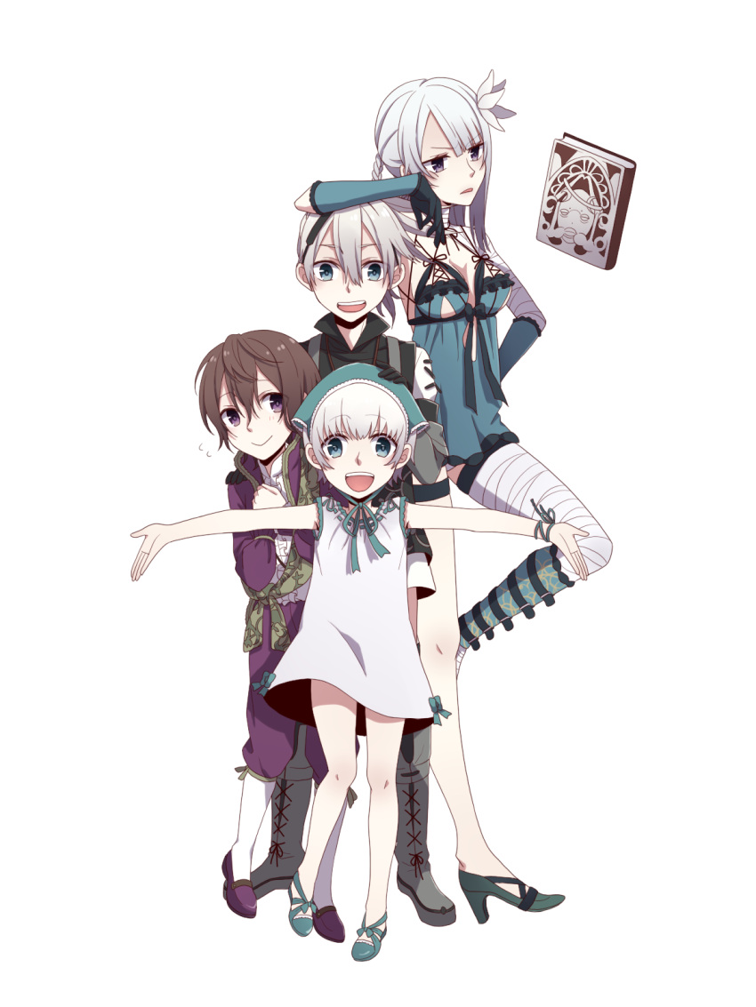 bandage, bandaged_arm, bandaged_leg, bandages, blue_eyes, book, brother_and_sister, commentary_request, copyright_name, emil_(nier), flower, grimoire_weiss, hair_flower, hair_ornament, head_wreath, highres, kaine_(nier), legs, lingerie, lunar_tear, medium_hair, multiple_boys, multiple_girls, negligee, nier, nier_(series), nier_(young), rainbow, redhead, scarf, siblings, silver_hair, tamakingx422x, twins, underwear, yonah