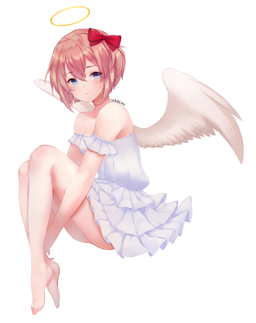 1girl, angel_wings, bangs, bare_legs, blue_eyes, blush, bow, closed_mouth, commentary, commission, doki_doki_literature_club, dress, english_commentary, frilled_dress, frills, full_body, hair_between_eyes, hair_bow, halo, knees_up, leg_hug, looking_at_viewer, neck_scar, off-shoulder_dress, off_shoulder, pink_hair, red_bow, sayori_(doki_doki_literature_club), short_dress, short_hair, simple_background, sleeveless, sleeveless_dress, smile, solo, tears, temachii, tied_hair, white_background, white_dress, wings