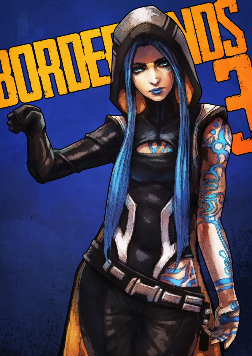 1girl, absurdres, arm_tattoo, belt, black_leotard, blue_background, blue_eyes, blue_hair