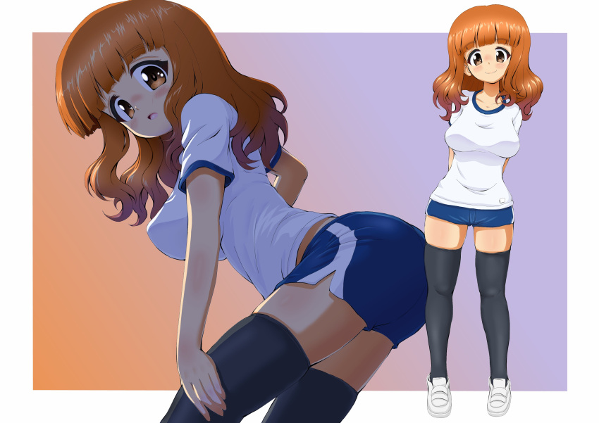 1girl, :o, absurdres, adjusting_clothes, adjusting_legwear, arms_behind_back, bangs, black_legwear
