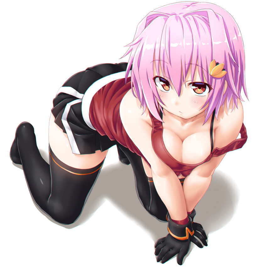 1girl, all_fours, bare_shoulders, black_bra, black_gloves, black_legwear, black_skirt, blush