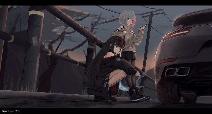 2girls, admiral_graf_spee_(azur_lane), aran_sweater, azur_lane, bag, bangs, black_hair, black_legwear