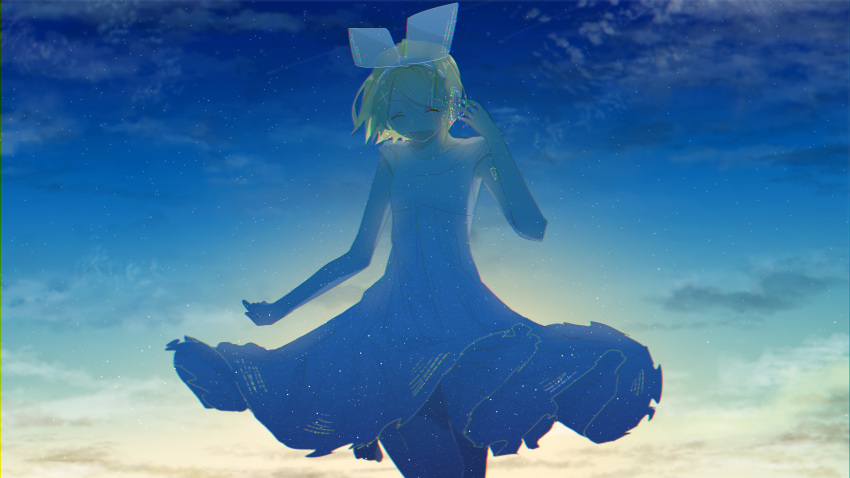 1girl, absurdres, backlighting, blonde_hair, bow, closed_eyes, clouds, cloudy_sky