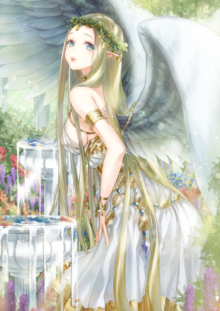 1girl, angel, angel_wings, armlet, bare_shoulders, blonde_hair, blue_eyes, bracelet, breasts, cako_asida, commentary_request, cowboy_shot, day, dress, elf, flower, fountain, from_side, garden, gem, head_wreath, jewelry, leaning_forward, lips, long_hair, looking_at_viewer, looking_back, medium_breasts, mixed-language_commentary, original, pointy_ears, sideboob, sleeveless, solo, very_long_hair, water, white_dress, white_wings, wings