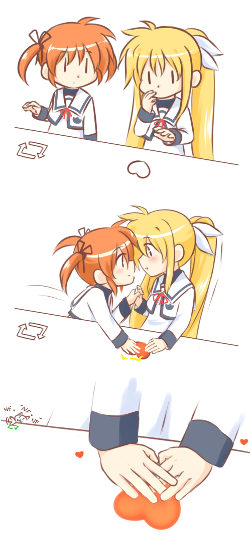 2girls, 3koma, blonde_hair, blush, cat, comic, couple, eye_contact