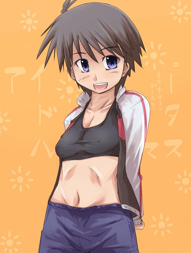 brown_hair, idolmaster, kikuchi_makoto, midriff, raglan_sleeves, short_hair, xo160