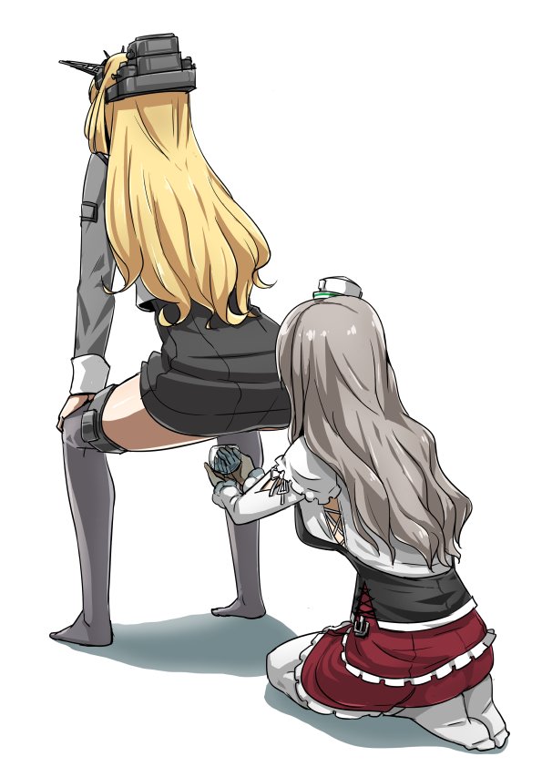 2girls, ass, blonde_hair, cup, drinking_glass, grey_hair, hat, headgear
