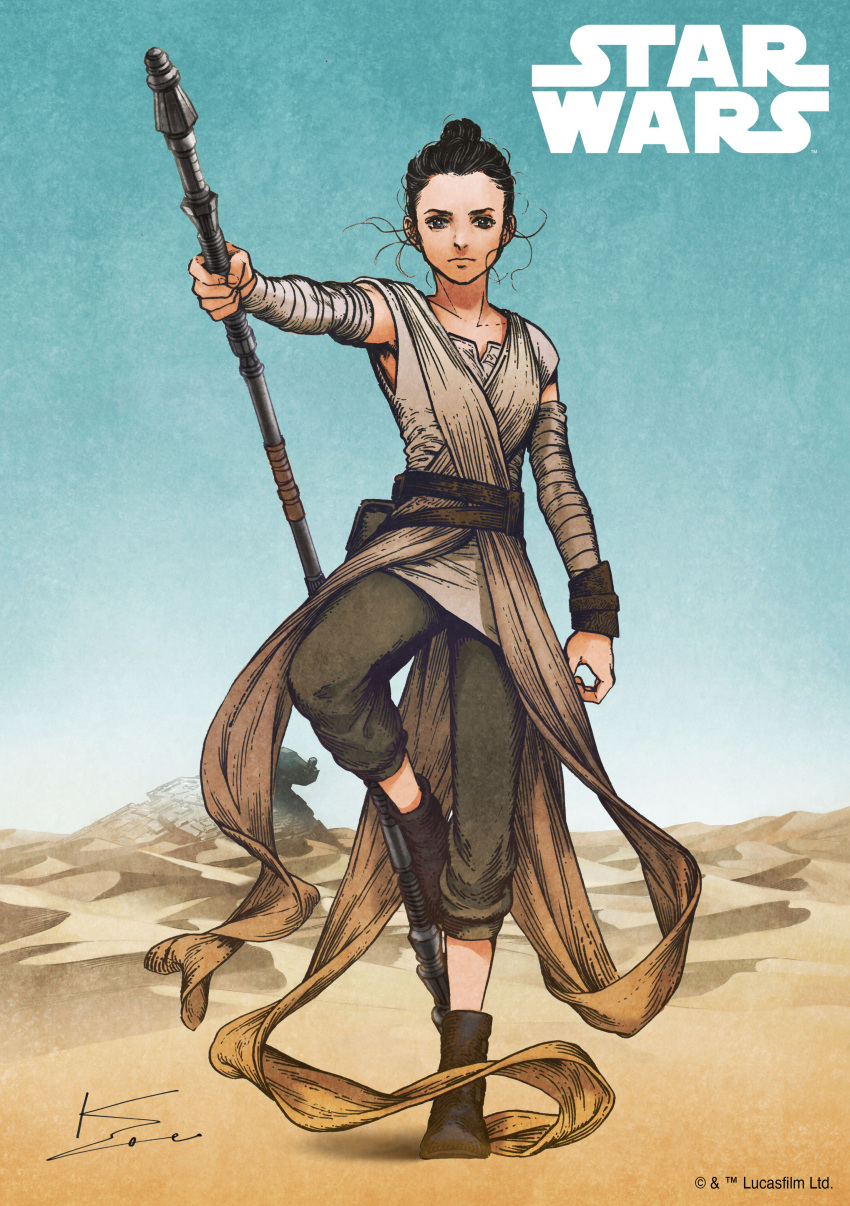 1girl, absurdres, bandage, belt, brown_hair, capri_pants, desert, hair_bun