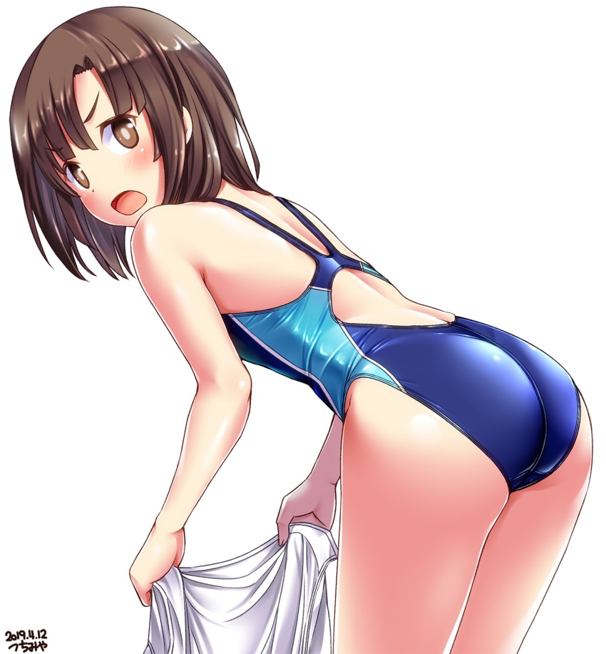 1girl, ass, bangs, bare_shoulders, bent_over, blue_swimsuit, blush, brown_eyes