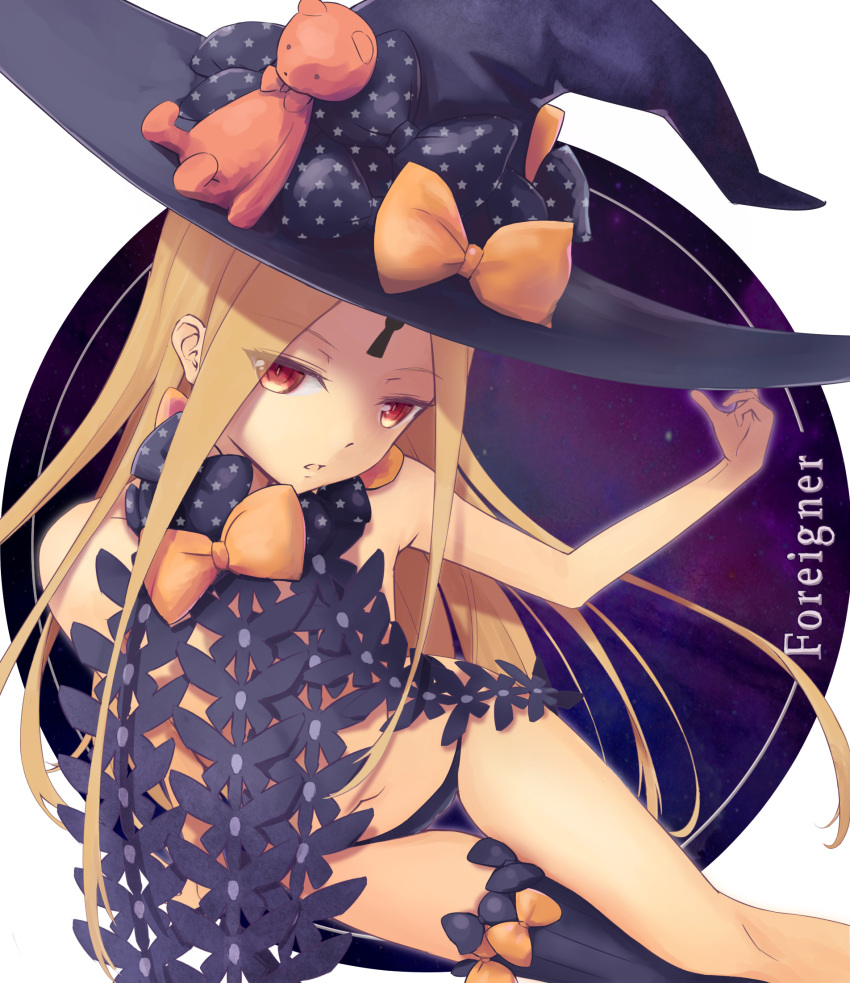 1girl, abigail_williams_(fate/grand_order), bangs, bare_arms, bare_shoulders, black_bow, black_headwear, black_legwear