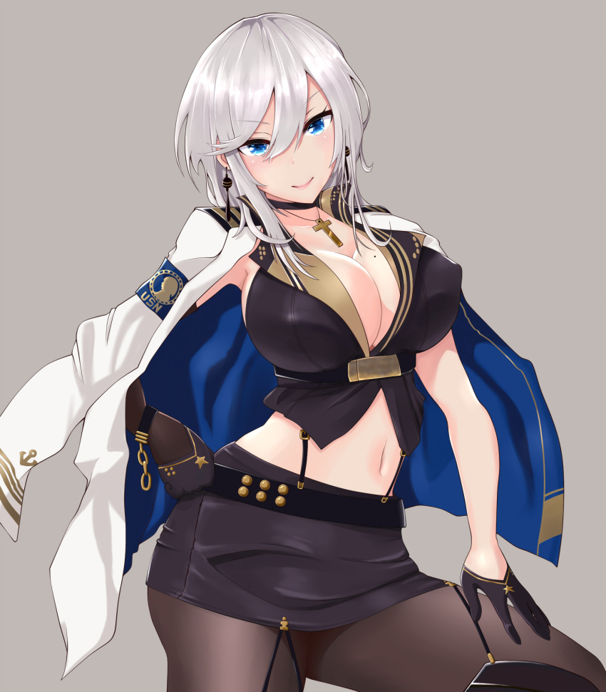 1girl, azur_lane, bangs, belt, black_choker, black_gloves, blue_eyes, breasts