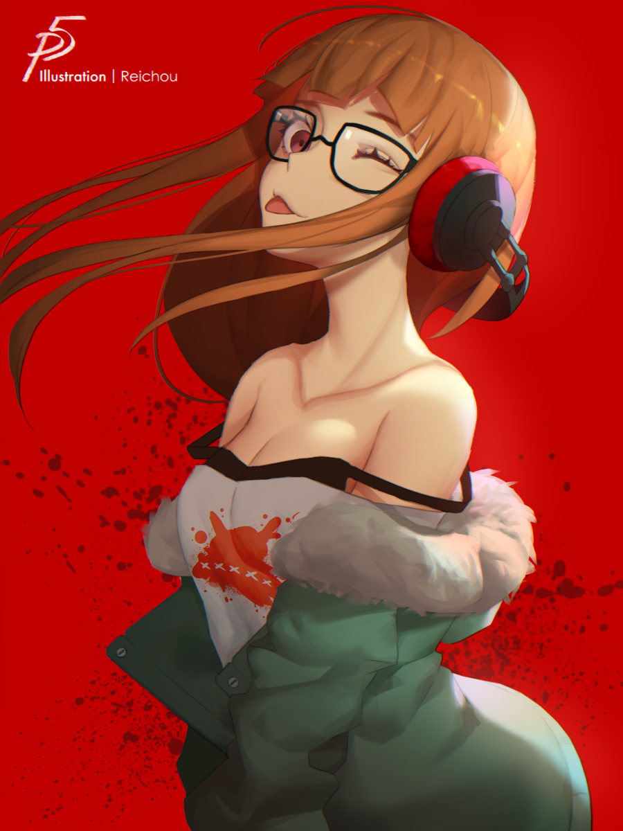 1girl, ;p, animal_ears, artist_name, bangs, bare_shoulders, behind-the-head_headphones, black-framed_eyewear