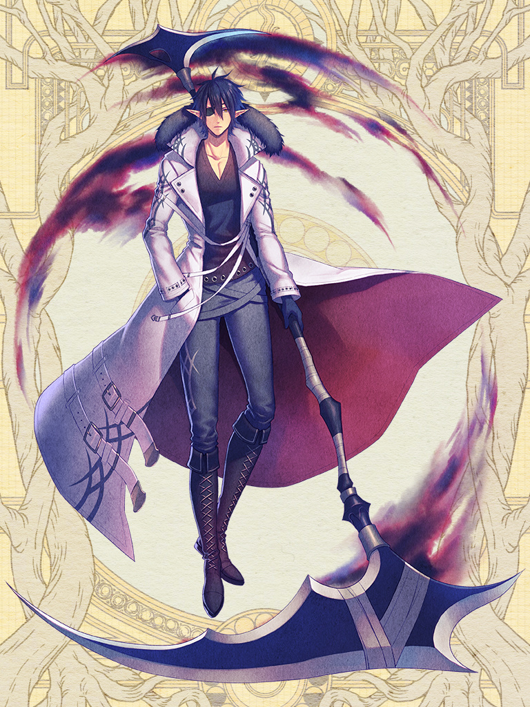 1boy, black_footwear, black_gloves, black_hair, black_shirt, boots, clutch2130, commission, cross-laced_footwear, dairoku_youhei, eyepatch, full_body, fur_trim, gloves, hand_in_pocket, jacket, knee_boots, long_sleeves, looking_at_viewer, pants, pointy_ears, scythe, shirt, solo, standing, white_jacket