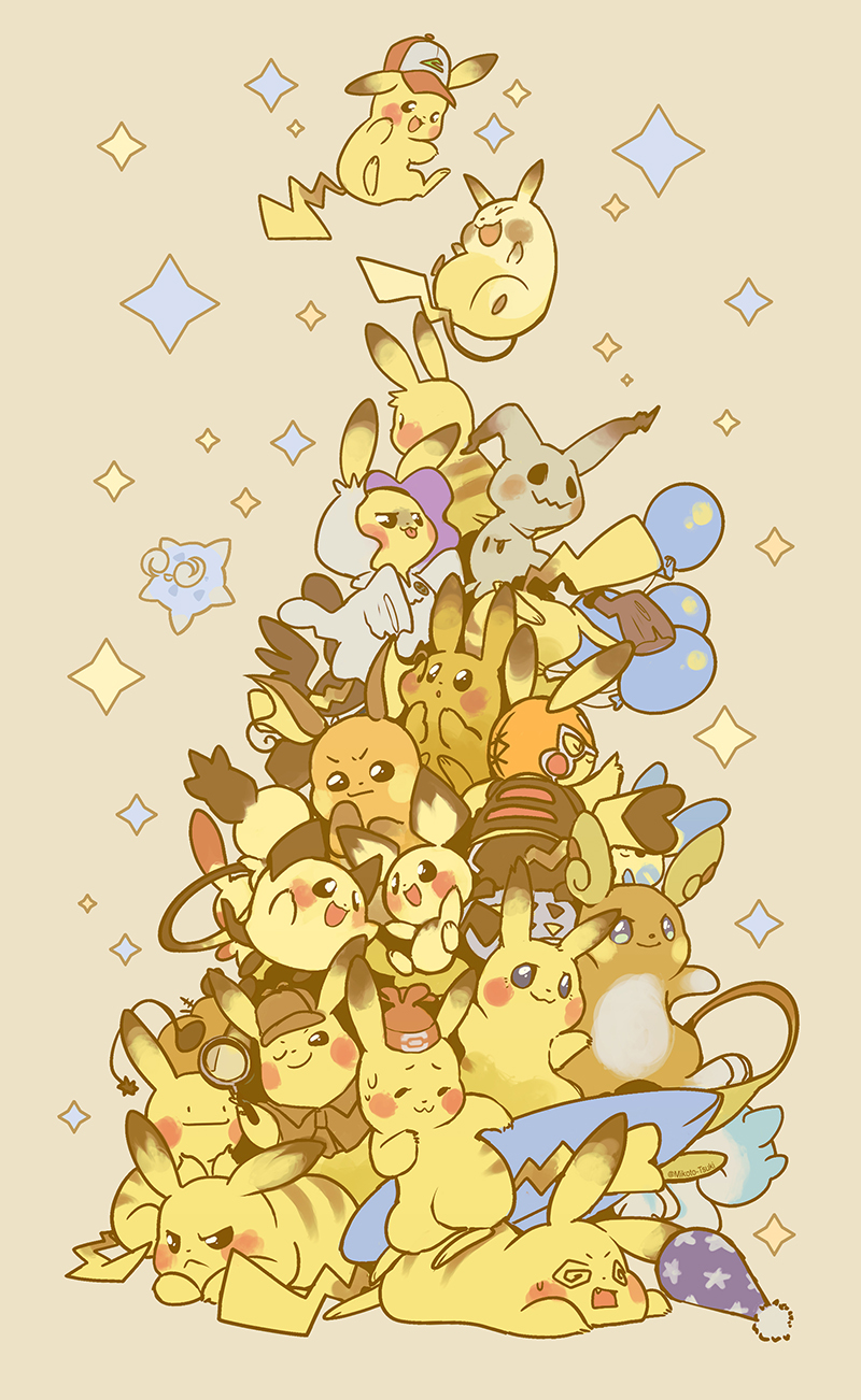 alolan_form, alolan_raichu, alternate_color, annotated, balloon, beta_pokemon, blush_stickers, brown_headwear, clothed_pokemon, cosplay, cosplay_pikachu, creatures_(company), dedenne, detective_pikachu, detective_pikachu_(series), ditto, frown, hat, highres, holding_magnifying_glass, michael_(pokemon), mikoto-tsuki, mimikyu, mizuki_(pokemon), mizuki_(pokemon)_(cosplay), nintendo, no_humans, pachirisu, pichu, pichu_(beta), pikachu, pokemon, pokemon_(anime), pokemon_(classic_anime), pokemon_(creature), pokemon_gsc, pokemon_gsc_beta, pokemon_sm, raichu, red_headwear, satoshi_(pokemon), satoshi_(pokemon)_(cosplay), shiny_pokemon, sparkle, spiky-eared_pichu, surfboard, surfing, too_many, too_many_pikachu, transform_(pokemon), transformed_ditto
