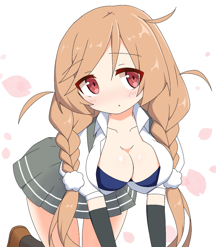 1girl, :o, all_fours, arm_warmers, bangs, black_legwear, blue_bra, blush