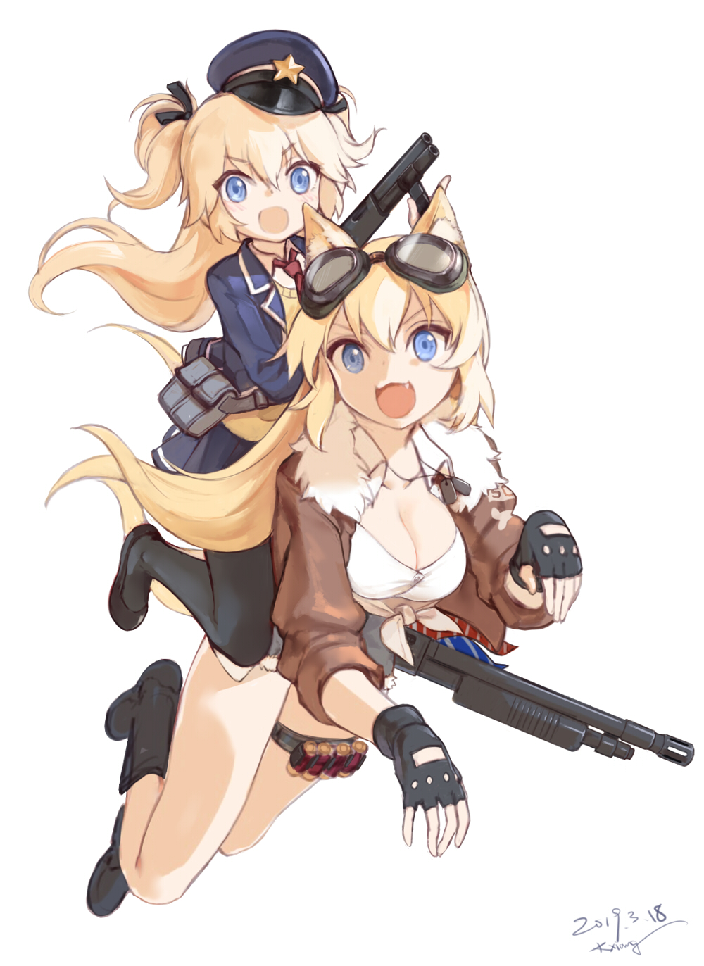 2girls, animal_ears, artist_name, black_gloves, black_legwear, blonde_hair, blue_eyes, blue_skirt, breasts, cleavage, collarbone, dated, dog_ears, dog_tags, eyebrows_visible_through_hair, fang, fingerless_gloves, girls_frontline, gloves, goggles, goggles_on_head, gun, hair_ribbon, hat, highres, holding, holding_gun, holding_weapon, jacket, kisetsu, large_breasts, long_hair, long_sleeves, mossberg_500, mossberg_500_(girls_frontline), multiple_girls, necktie, open_clothes, open_jacket, open_mouth, pantyhose, peaked_cap, pleated_skirt, police_hat, red_neckwear, ribbon, riding, serbu_super-shorty, shirt, shorts, shotgun, signature, simple_background, skirt, smile, super_shorty_(girls_frontline), tied_shirt, two_side_up, weapon, white_background, white_shirt