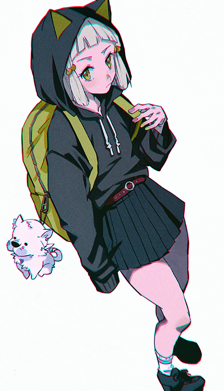 1girl, animal_hood, backpack, bag, bangs, black_footwear, black_hoodie, blue_skirt