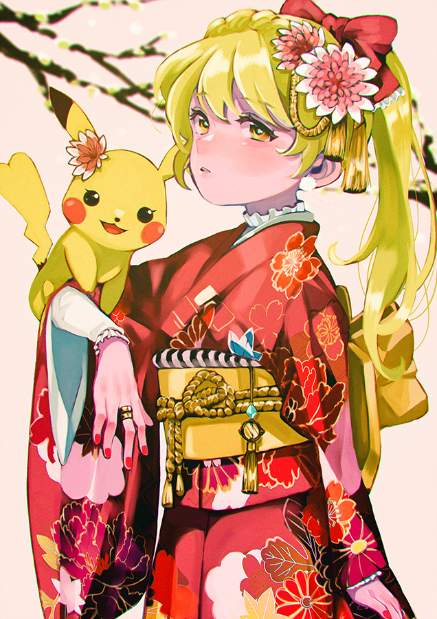 1girl, bangs, blonde_hair, bow, branch, chromatic_aberration, creatures_(company), eyebrows_visible_through_hair