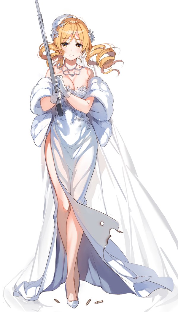 1girl, alternate_costume, bangs, bare_legs, bare_shoulders, breasts, bullet_hole, burnt_clothes