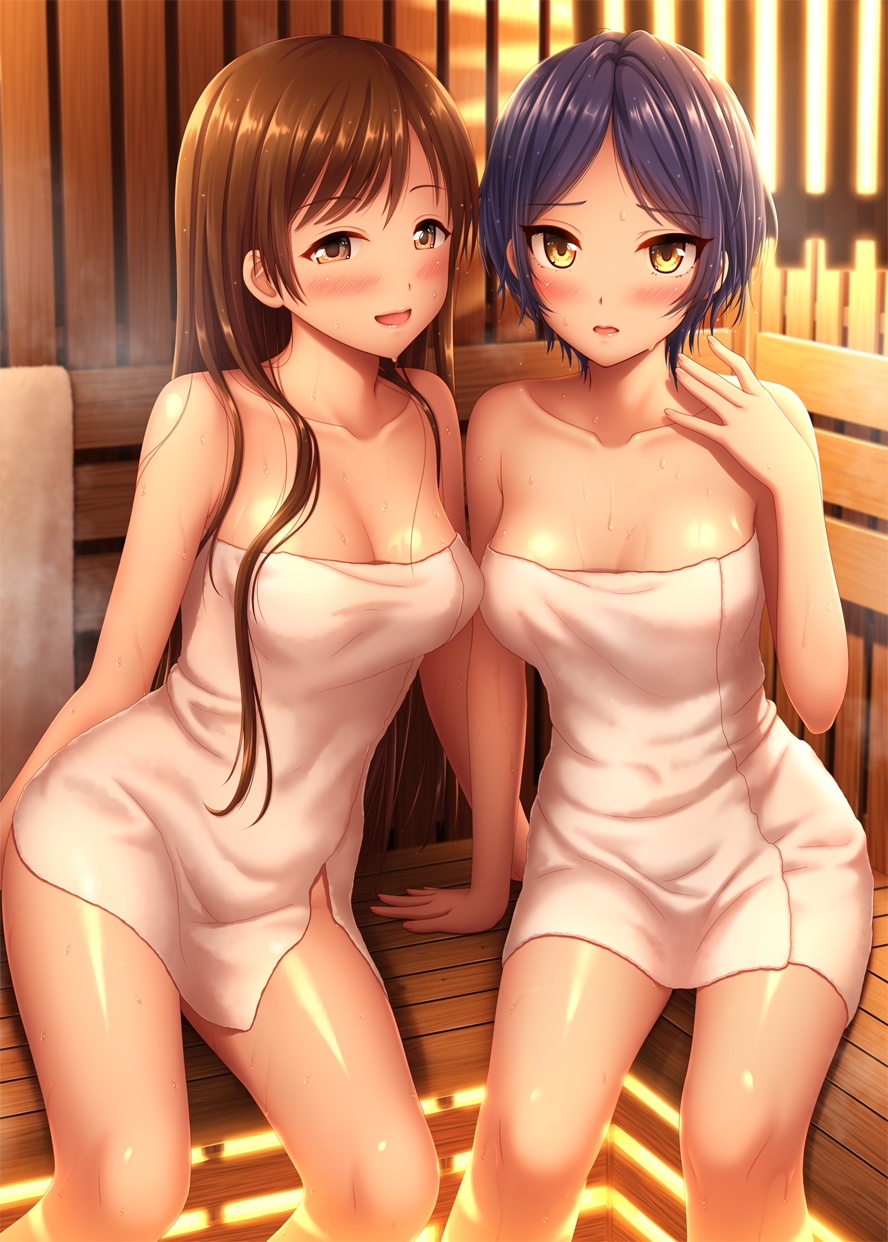 2girls, :d, arm_support, bangs, bare_arms, bare_shoulders, blue_hair, blush, breasts, brown_eyes, brown_hair, cleavage, collarbone, eyebrows_visible_through_hair, hayami_kanade, highres, idolmaster, idolmaster_cinderella_girls, indoors, leaning_to_the_side, long_hair, looking_at_viewer, medium_breasts, multiple_girls, naked_towel, nazu-na, nitta_minami, open_mouth, parted_bangs, parted_lips, sauna, shiny, shiny_skin, short_hair, sitting, smile, sweat, swept_bangs, towel, wet, yellow_eyes