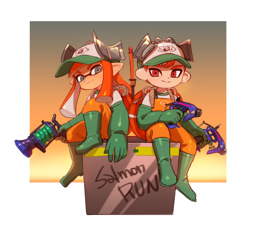 1boy, 1girl, artist_name, baseball_cap, boots, closed_mouth, dapple_dualies_(splatoon), domino_mask