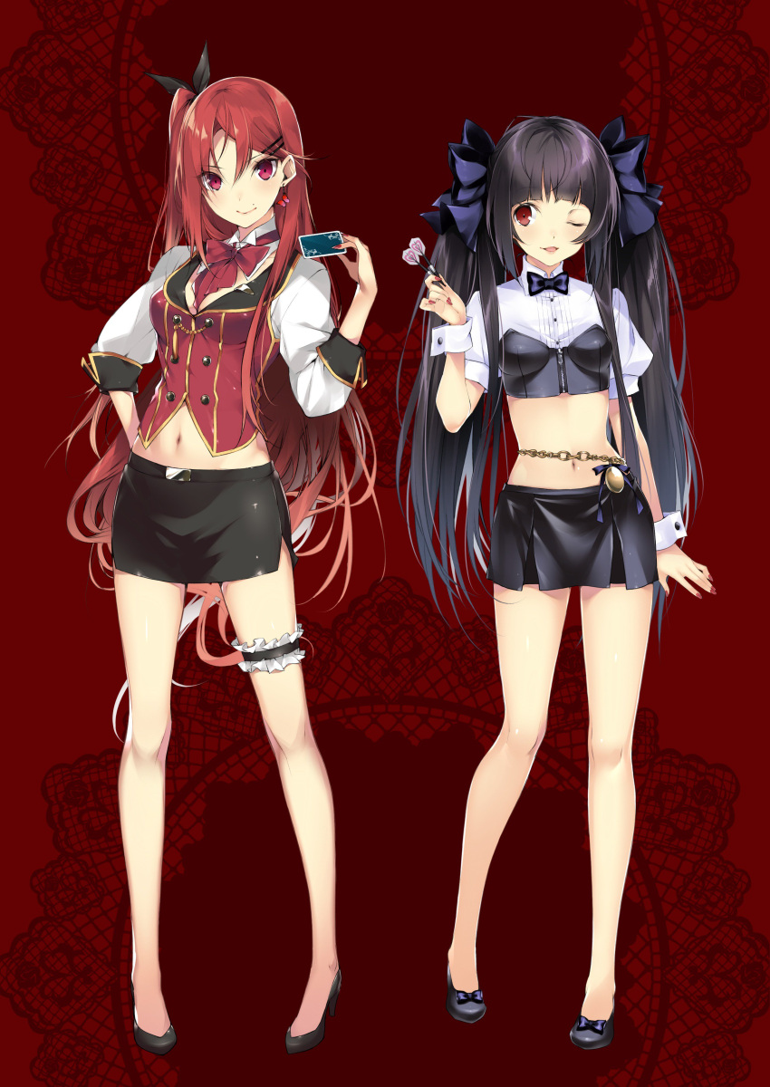 2girls, absurdres, bangs, belly_chain, black_bow, black_footwear, black_hair, black_neckwear