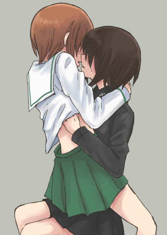 2girls, blouse, brown_hair, girls_und_panzer, green_skirt, grey_background, hair_over_eyes, hug
