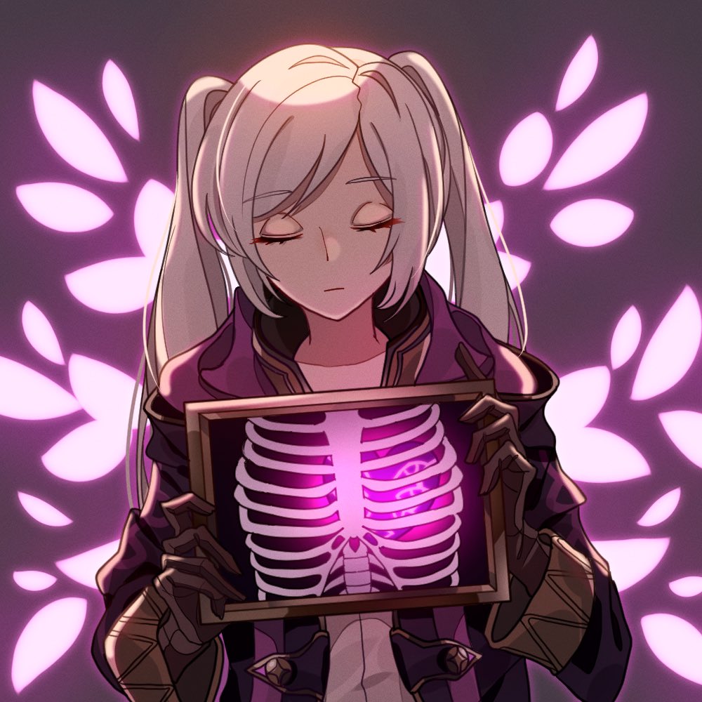 1girl, black_gloves, bone, closed_eyes, closed_mouth, commentary_request, eyebrows_visible_through_hair, female_my_unit_(fire_emblem:_kakusei)