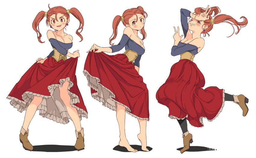 1girl, bare_shoulders, barefoot, blush, breasts, cleavage, dragon_quest, dragon_quest_viii