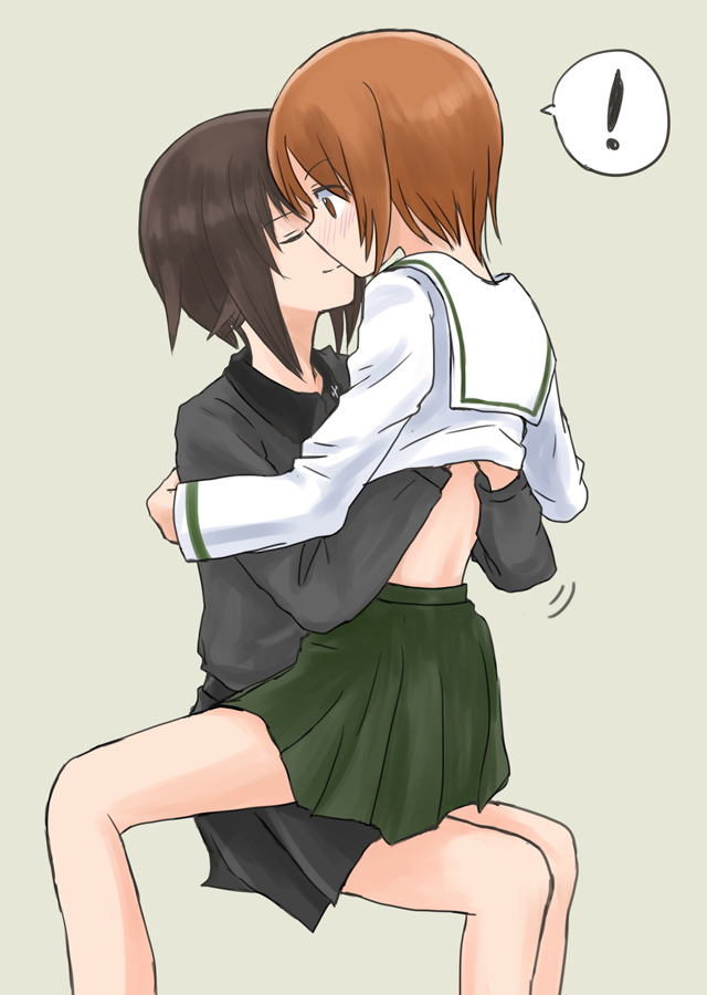 !, 2girls, bangs, black_skirt, blush, brown_eyes, brown_hair, closed_eyes