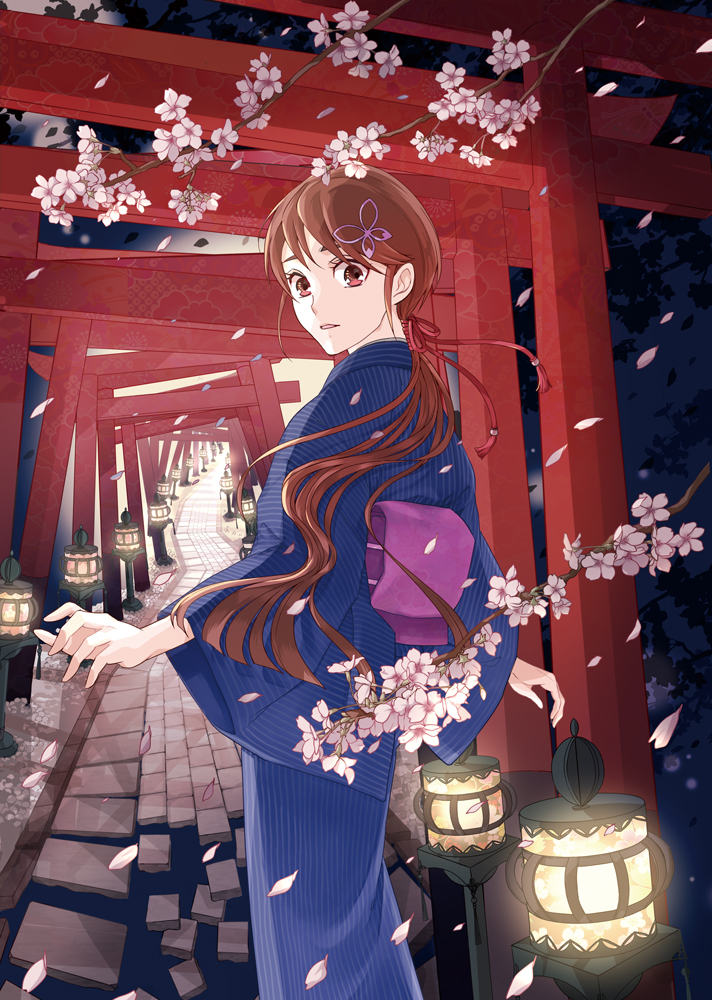 1girl, blue_kimono, brown_hair, butterfly_hair_ornament, cherry_blossoms, hair_ornament, japanese_clothes, kimono