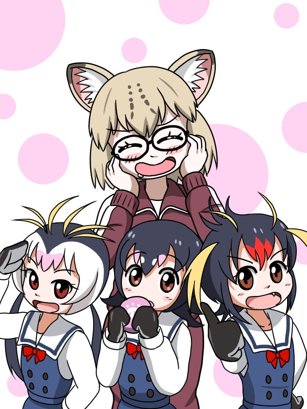 4girls, animal_ears, black_hair, blonde_hair, blush_stickers, brown_eyes, closed_eyes, cosplay