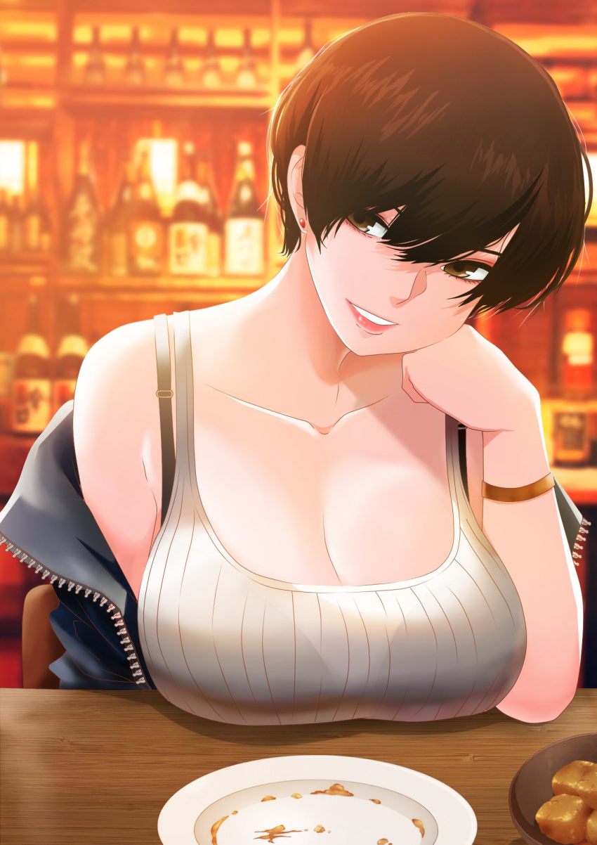 1girl, aariyoo, bar, black_bra, black_hair, blush, bra, bra_strap, bracelet, breast_rest, breasts, brown_eyes, chin_rest, cleavage, collaboration, collarbone, colorized, commentary, downblouse, earrings, english_commentary, hair_between_eyes, highres, jewelry, large_breasts, lips, looking_at_viewer, norman_maggot, off_shoulder, olive_laurentia, open_clothes, original, plate, pov, see-through, short_hair, sitting, smile, solo, stud_earrings, table, tank_top, underwear, unzipped