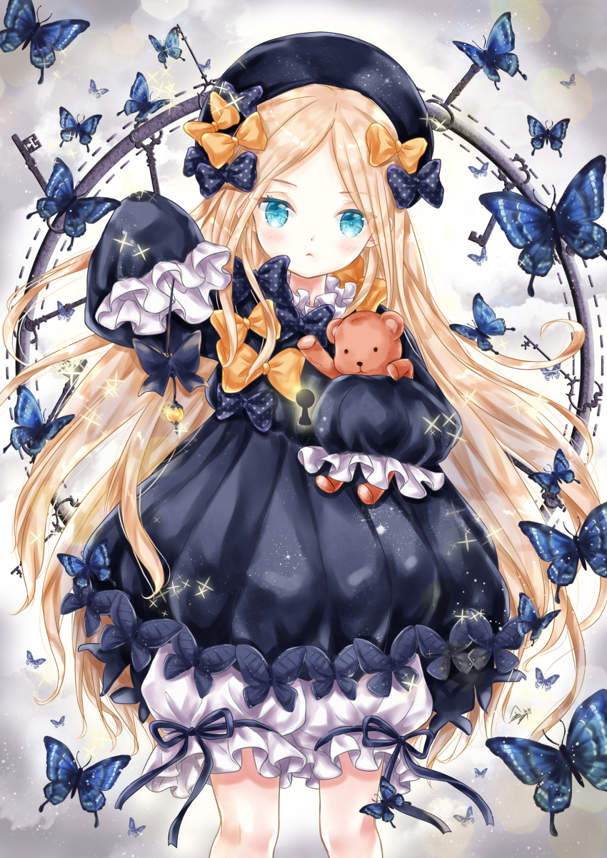 1girl, abigail_williams_(fate/grand_order), absurdres, animal, bangs, black_bow, black_dress, black_headwear