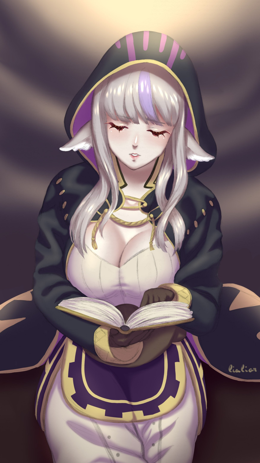 1girl, absurdres, animal_ears, artist_name, book, breasts, brown_gloves, cleavage