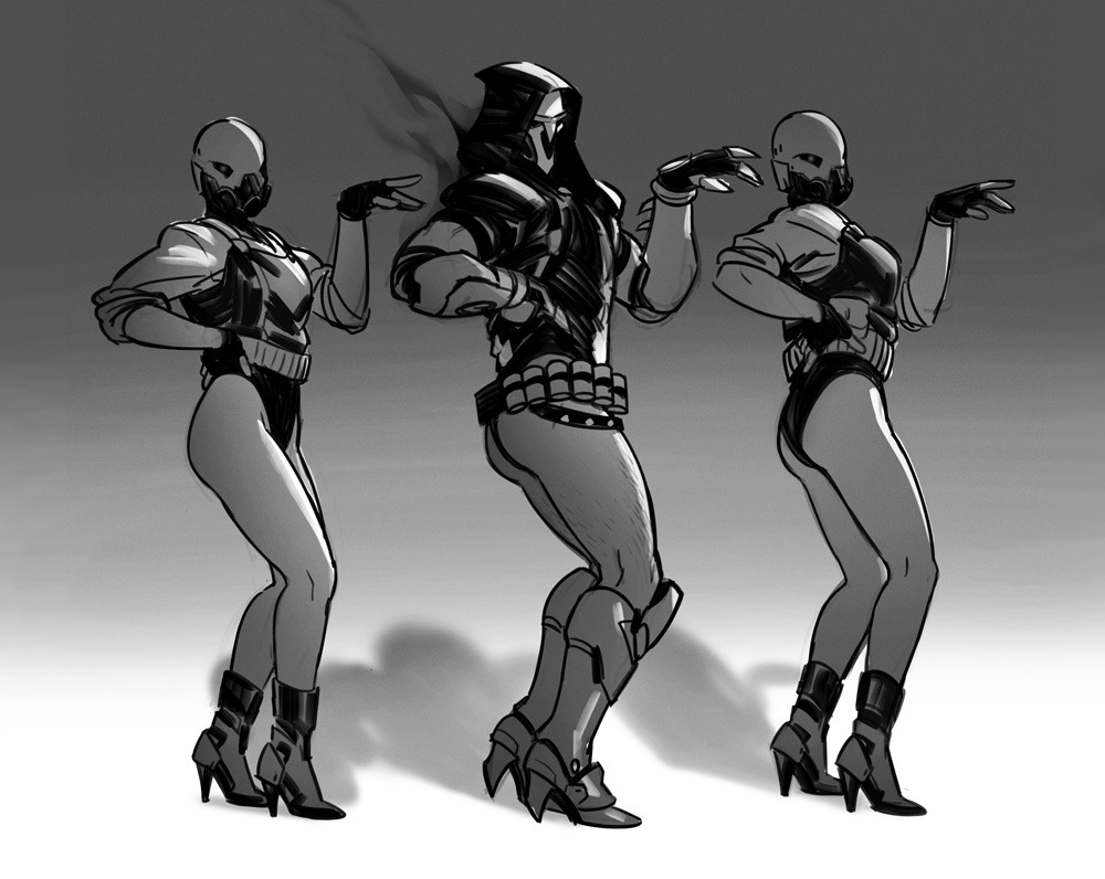 1boy, 2others, ass, bare_legs, beyonce_(copyright), boots, commentary, dancing, english_commentary, greyscale, hand_on_hip, high_heel_boots, high_heels, knee_boots, legs_together, leotard, maren_marmulla, monochrome, multiple_others, overwatch, parody, pose, reaper_(overwatch), skull_mask, soldier, stiletto_heels, what