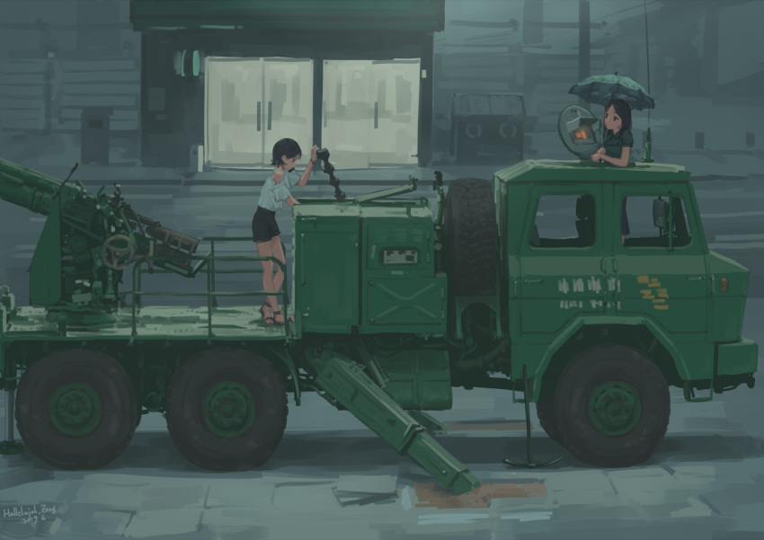 2girls, air_conditioner, black_hair, cannon, city, dark, dated, ground_vehicle