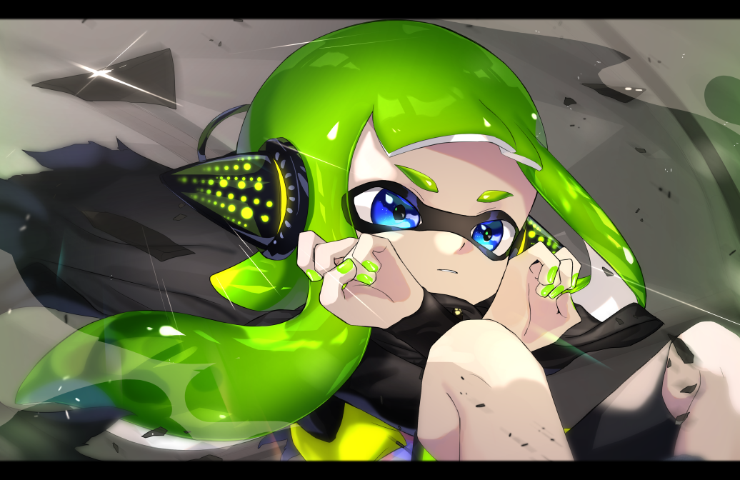 1girl, action, amatcha, bangs, black_cape, black_shirt, blue_eyes, blunt_bangs